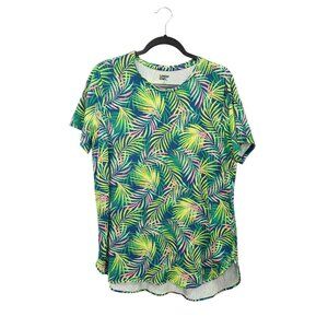 Lands End Womens Tropical Leaf Print T-Shirt XL Green/Yellow Short Sleeve 2513